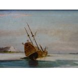 INITIALLED 'GMM' oil on canvas - ship wrecked galleon on Caribbean beach, 25 x 39cms