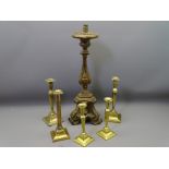 GEORGIAN BRASS CANDLESTICKS, two pairs, a similar age bronze example and a vintage style altar stick