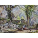 STYLE OF RAYNER watercolour - Family of Chester lady sitting amongst ruined buildings, 23 x 32cms