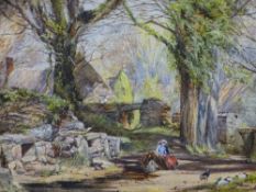 STYLE OF RAYNER watercolour - Family of Chester lady sitting amongst ruined buildings, 23 x 32cms