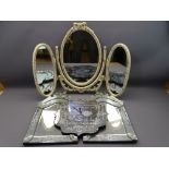 TWO ITALIAN STYLE PEDESTAL MIRRORS, mirrored wall clock and a triple dressing mirror, French