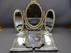 TWO ITALIAN STYLE PEDESTAL MIRRORS, mirrored wall clock and a triple dressing mirror, French