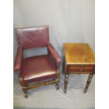 VINTAGE OAK ARMCHAIR and a Victorian mahogany twin-flap table with double end drawers, 95cms H,