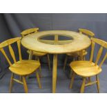 MODERN SWEDISH STYLE CIRCULAR TOP TABLE & FOUR CHAIRS, the table with central glass insert