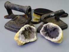 TWO CAST IRON FLAT IRONS, mineral rock with crystal interior ETC