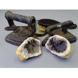 TWO CAST IRON FLAT IRONS, mineral rock with crystal interior ETC