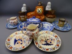 STAFFORDSHIRE RECUMBENT LION EARLY BLUE & WHITE PLATES ETC to include two Parian dogs, Doulton and