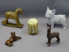 ORNAMENTAL ANIMAL FIGURINES and a lidded onyx jar including a modern cast bronze bulldog, a diamante