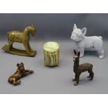 ORNAMENTAL ANIMAL FIGURINES and a lidded onyx jar including a modern cast bronze bulldog, a diamante