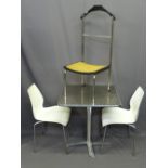 SQUARE TILT-TOP METAL EFFECT CAFE TABLE, 75cms H, 75cms W, 75cms D, two chairs and a bergere seat