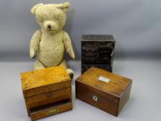 VICTORIAN & CHINESE LACQUERWORK BOXES, three, along with a vintage play worn Teddy bear having