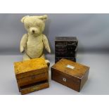 VICTORIAN & CHINESE LACQUERWORK BOXES, three, along with a vintage play worn Teddy bear having