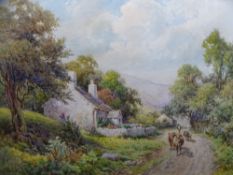 JOSH FISHER watercolour - 'Old Farm, Llandudno' farmer leading cattle on lane, label verso,