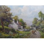 JOSH FISHER watercolour - 'Old Farm, Llandudno' farmer leading cattle on lane, label verso,