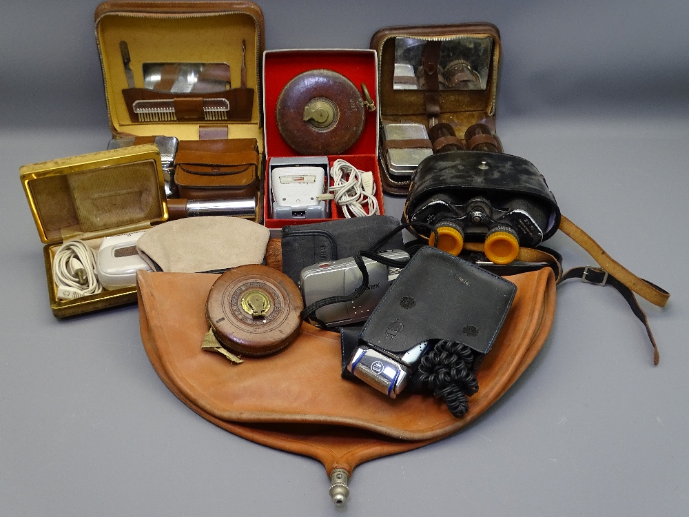 GENT'S TRAVEL TOILETRY CASES, binoculars, leather measuring tapes ETC