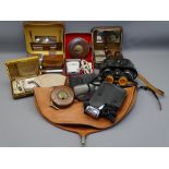 GENT'S TRAVEL TOILETRY CASES, binoculars, leather measuring tapes ETC