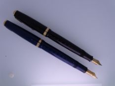 TWO PARKER DUOFOLD PENS with 14ct gold nibs including a Maxima in blue and a smaller duofold in