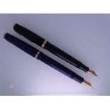 TWO PARKER DUOFOLD PENS with 14ct gold nibs including a Maxima in blue and a smaller duofold in