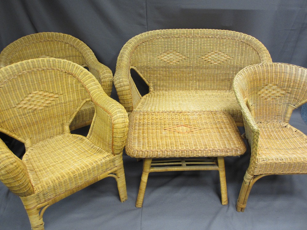 WICKER FIVE PIECE CONSERVATORY SUITE of two seater couch, three armchairs and coffee table