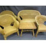 WICKER FIVE PIECE CONSERVATORY SUITE of two seater couch, three armchairs and coffee table