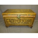 ORIENTAL CARVED CAMPHORWOOD CHEST raised on corner feet, 60cms H, 101cms W, 51cms D