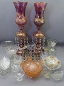 VENETIAN TYPE GLASS LUSTRE LAMPS, a pair, Victorian, Art Deco and other glassware, the lamps 66cms H