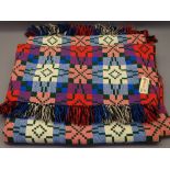 TREGWYNT WELSH WOOLLEN BLANKET in traditional, reversible block pattern in green, pink, reds and