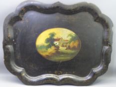 VICTORIAN PAPIER MACHE TRAY with mother of pearl and painted oval centre, 57 x 75cms (age