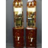 JAPANESE RED SIMULATED LACQUER WORK, single door cabinet and mirror ensembles, a pair, the cabinet