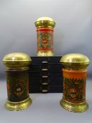 THREE ANTIQUE STYLE TOBACCO JARS and a vintage five drawer document cabinet, 38 and 33cm heights