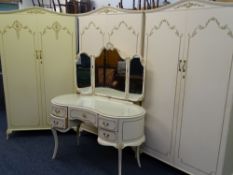 FRENCH STYLE CREAM PAINTED BEDROOM SUITE of twin double door wardrobes, 193cms H, 110cms W, 55cms D,