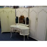 FRENCH STYLE CREAM PAINTED BEDROOM SUITE of twin double door wardrobes, 193cms H, 110cms W, 55cms D,