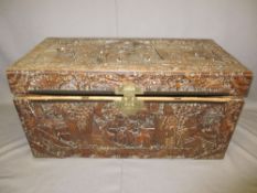 CARVED ORIENTAL CAMPHORWOOD CHEST, 50cms H, 104cms W, 52cms D