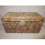 CARVED ORIENTAL CAMPHORWOOD CHEST, 50cms H, 104cms W, 52cms D