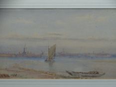 ABRAHAM HULK watercolour 1920 - barges on a river, 25 x 47cms