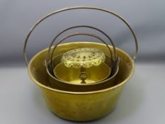 50CMS DIAMETER BRASS PRESERVE PAN and two others with a brass kettle stand