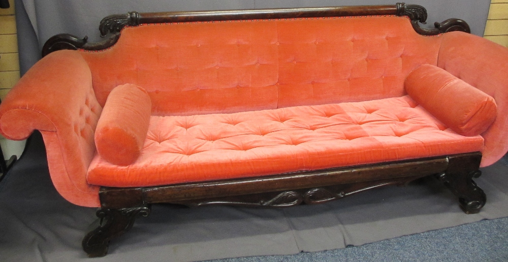 LATE REGENCY MAHOGANY SCROLL ENDED COUCH with carved leaf detail to the back rail, pink velour