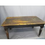 ANTIQUE STYLE PINE FARMHOUSE KITCHEN TABLE on turned and tapering supports, 73cms H, 152.5cms L,