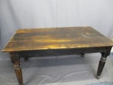 ANTIQUE STYLE PINE FARMHOUSE KITCHEN TABLE on turned and tapering supports, 73cms H, 152.5cms L,