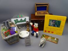 DECORATIVE BOXES & MIXED COLLECTABLES a quantity including a Grolsch advertising sign and a Mickey