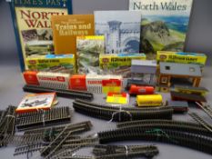 Box of Hornby, Air fix and Fleischmann 00 gauge track and models, some constructed, some in boxes,