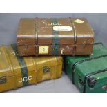 THREE VINTAGE WOODEN BANDED TRAVEL TRUNKS, 33cms H, 92cms across, 56cms D the largest