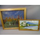 LARGE 1930s BEADWORK MOSAIC PICTURE OF A GARDEN WITH SUNDIAL with fabric picture of castle by a