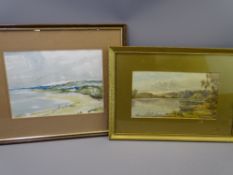 W H FORD watercolour - beach scene, 24 x 34cms with UNSIGNED watercolour - lake scene, 18 x 32cms