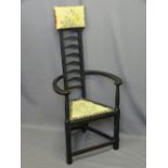 ART NOUVEAU EBONISED OAK HIGH BACK ARMCHAIR, ladderback with curved arms and triangular seat, 127cms