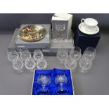 BOXED & OTHER CUT GLASS BRANDY GLASSES, Wedgwood collector's plates and two boxed halcyon days cup