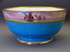 MINTON'S FRUIT BOWL, hand painted by J E Dean, gilt rimmed and highlighted on a turquoise ground