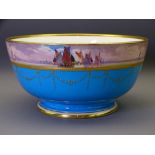 MINTON'S FRUIT BOWL, hand painted by J E Dean, gilt rimmed and highlighted on a turquoise ground