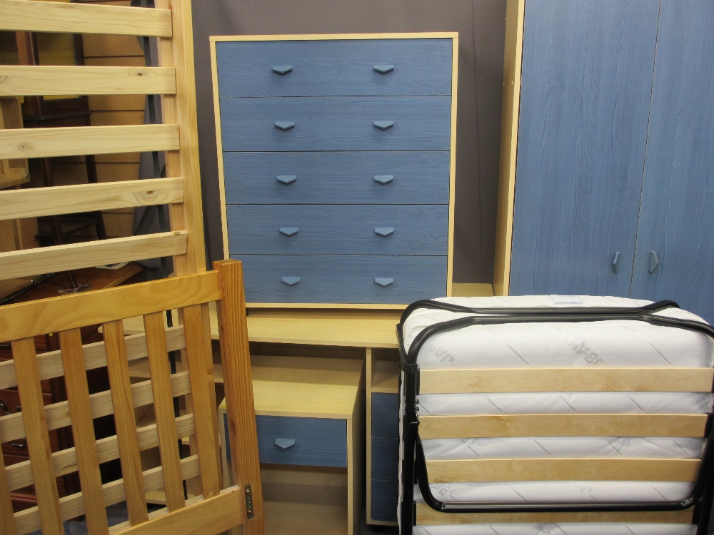 MODERN BEDROOM FURNITURE a quantity including a blue and lightwood effect suite of two door wardrobe