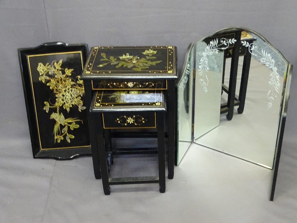 PAINTED LACQUER WORK OCCASIONAL FURNITURE and a three-fold Italian style mirror, the lacquer work